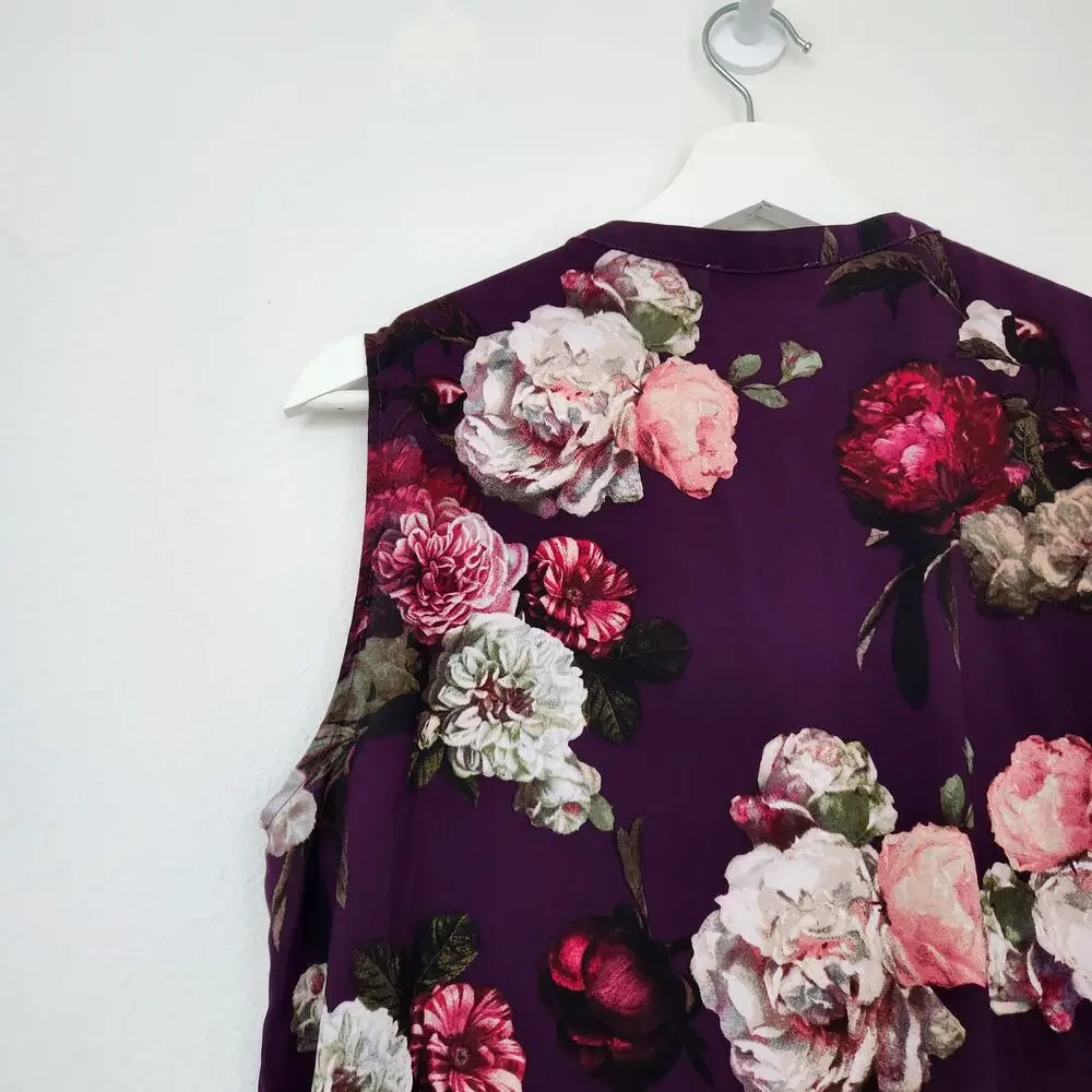 Calvin Klein Purple Rose Floral Sleeveless Keyhole Shell Career Blouse Top M